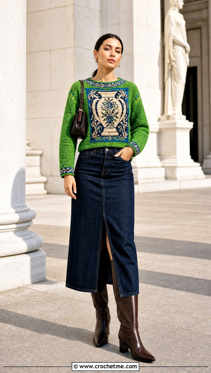Tapestry Crochet Sweater With Denim Midi Skirt - 25 Patterned Crochet Sweater outfit ideas