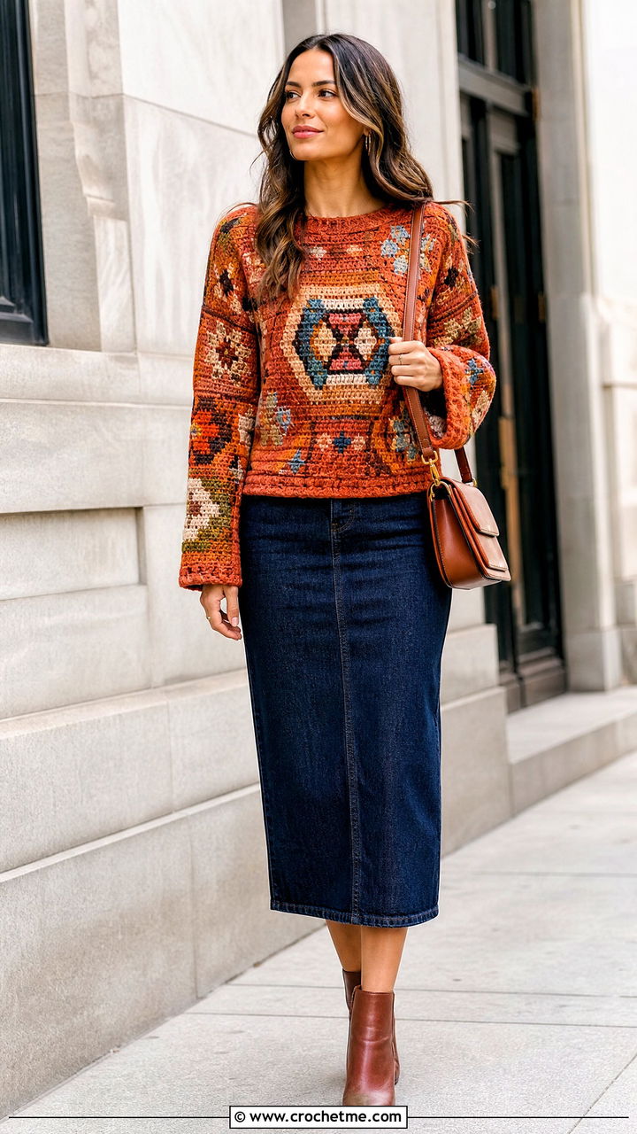 Tapestry Crochet Sweater With Denim Skirt - 35 crochet sweaters women outfit ideas