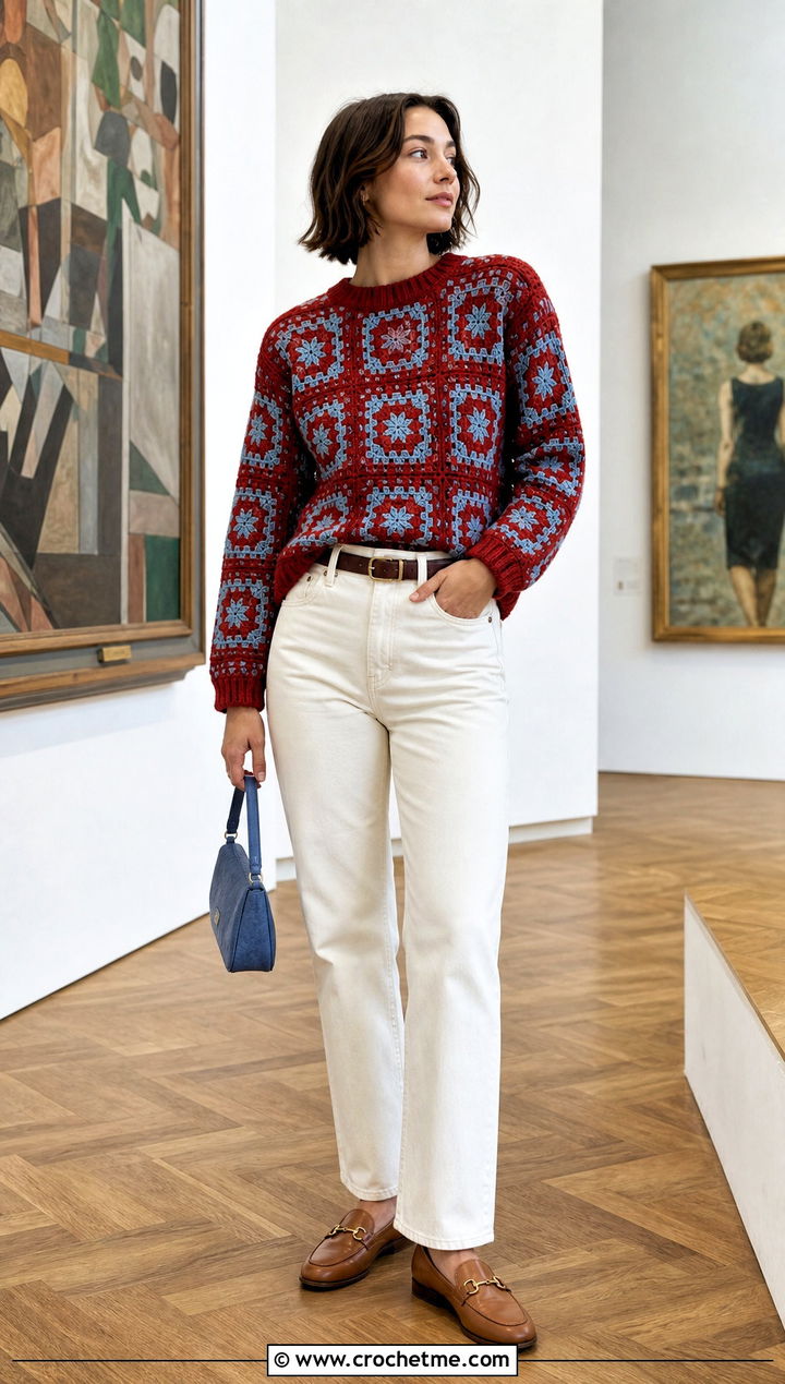 Tapestry Crochet Sweater With Straight Leg Jeans - 25 Colorful Crochet Sweater Ideas