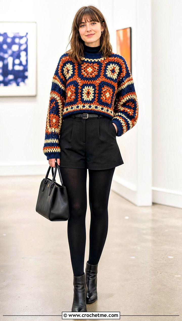 Tapestry Crochet Sweater With Tailored Shorts - 30 cozy crochet sweater outfit ideas