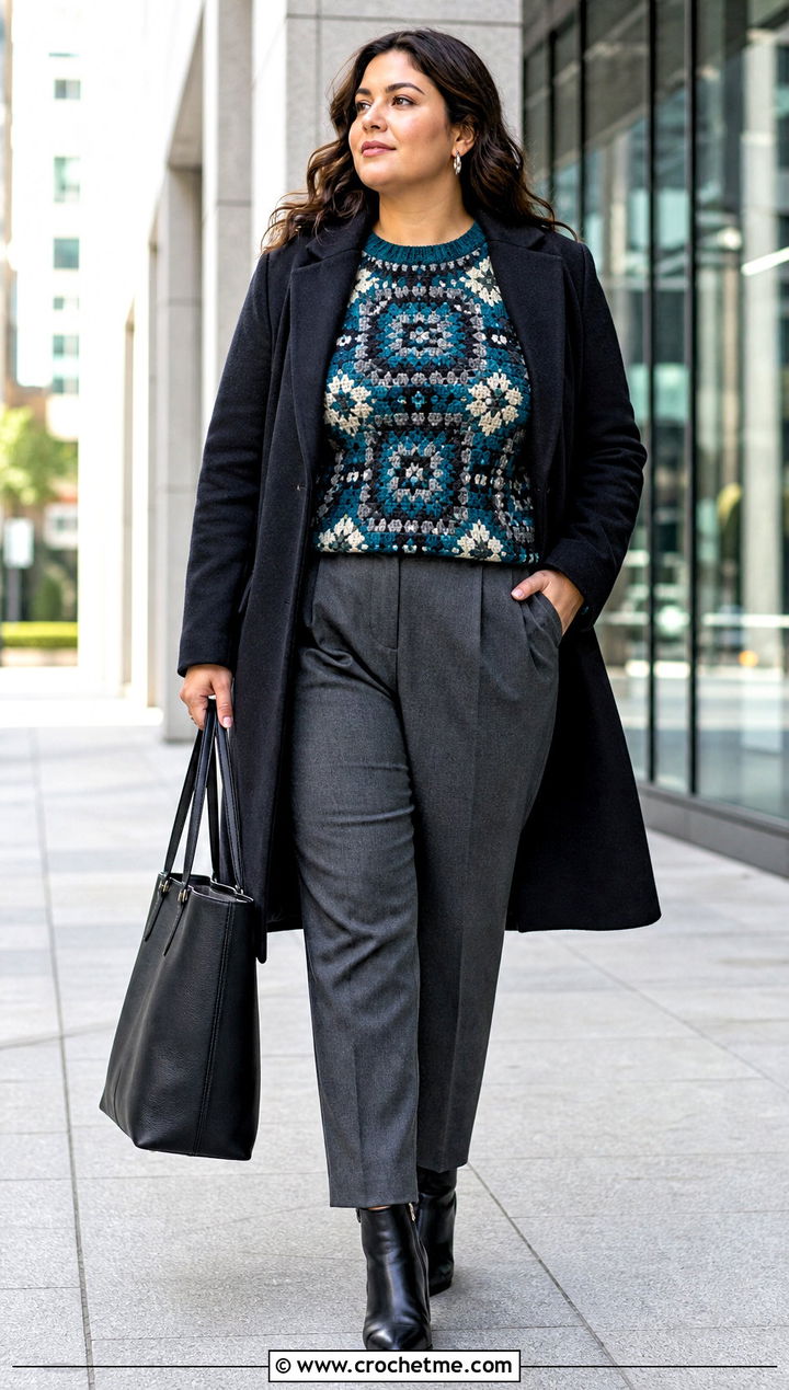 Tapestry Crochet Sweater With Tailored Trousers - 30 crochet tapestry clothes and outfit ideas