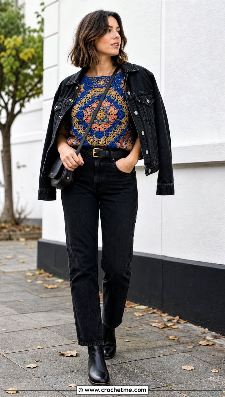 Tapestry Crochet Top With Black Denim - 25 Crochet Tops For Fall outfit ideas