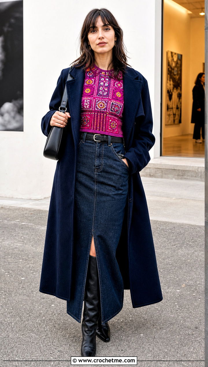 Tapestry Crochet Top With Denim Maxi Skirt - 35 winter crochet top outfit ideas