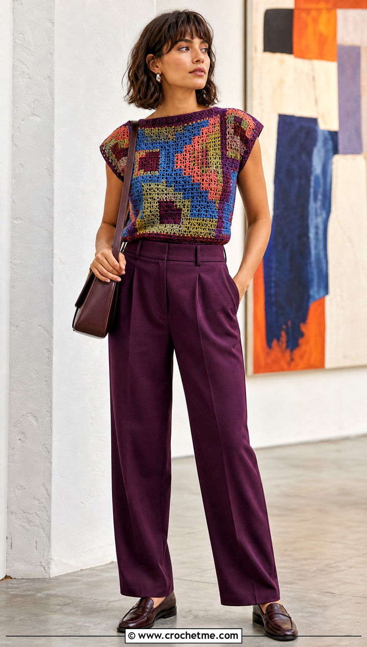 Tapestry Crochet Top With Monochrome Trousers - 30 cute crocheted tops outfit ideas