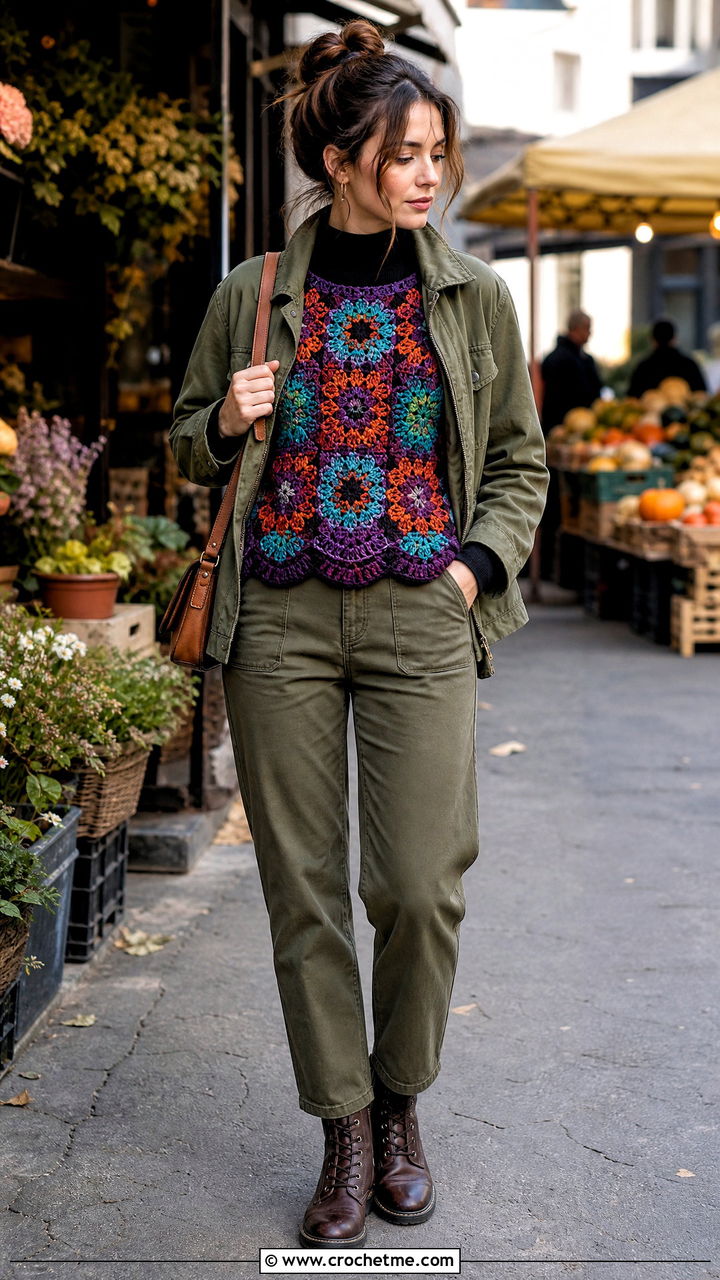 Tapestry Crochet Top With Utility Pants - 35 crochet fall top outfit ideas