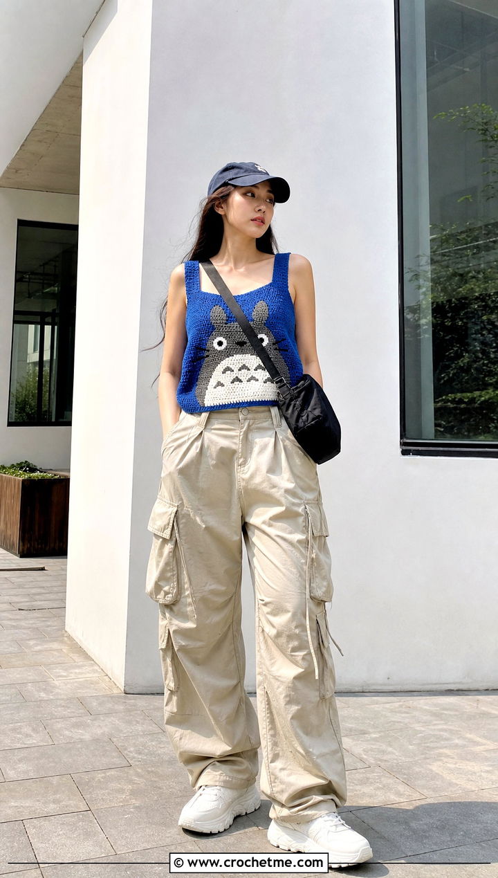 Tapestry Crochet Totoro Tank Top With Cargo Pants - 25 Totoro Crochet Top outfit ideas