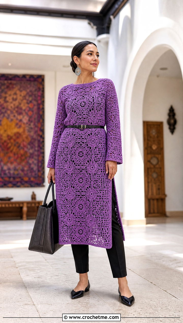 Tapestry Crochet Tunic With Slim Pants - 30 crochet tapestry clothes and outfit ideas