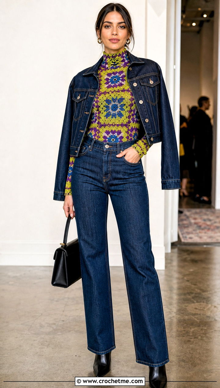 Tapestry Crochet Turtleneck Top With Denim Suit - 30 crochet turtleneck top outfit ideas