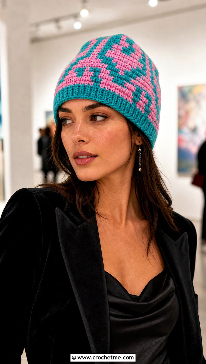 Tapestry Crochet Two Tone Beanie With Evening Blazer - 15 two tone crochet beanie outfit ideas