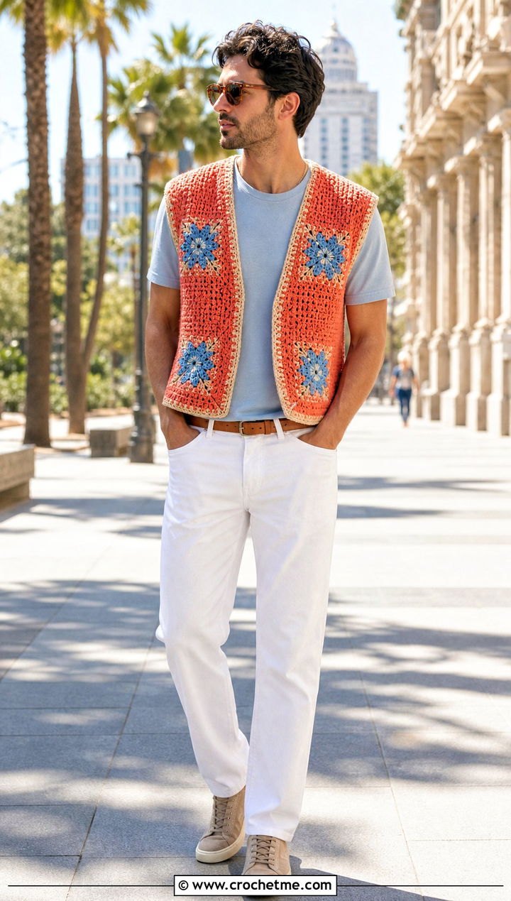 Tapestry Crochet Vest With White Jeans - 30 men's crochet vest outfit ideas
