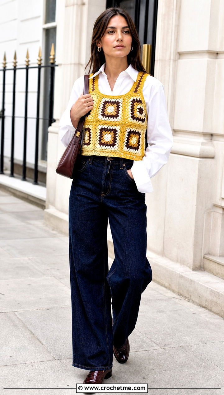 Tapestry Crochet Vest With Wide Leg Jeans - 30 crochet tapestry clothes and outfit ideas