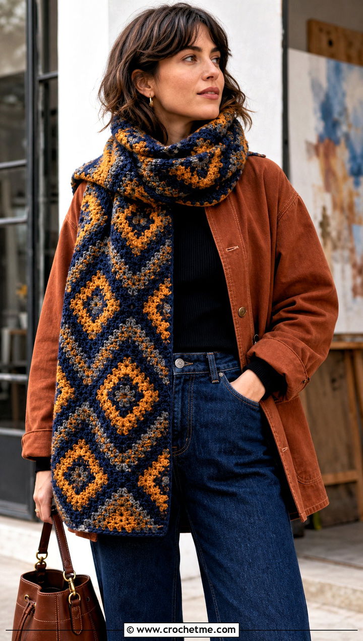 Tapestry Crochet Winter Scarf With Chore Coat - 35 crochet winter scarf outfit ideas