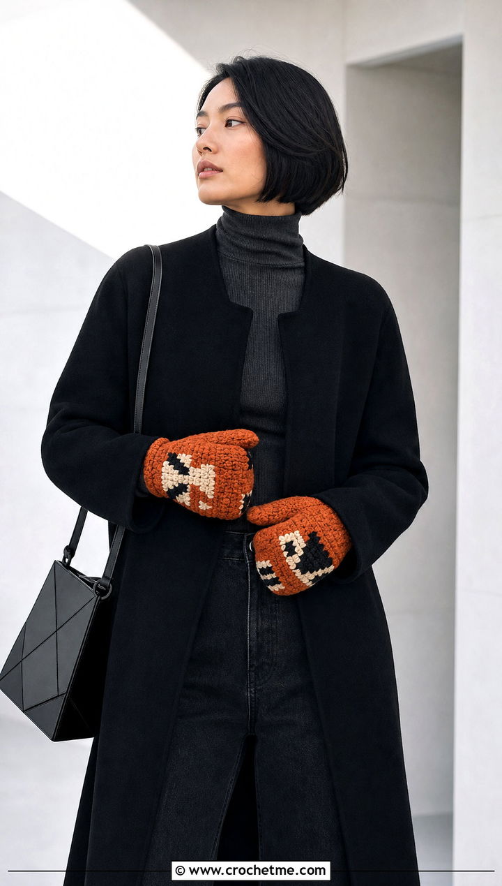 Tapestry Crocheted Mittens With Minimalist Coat - 30 Crocheted Mittens outfit ideas