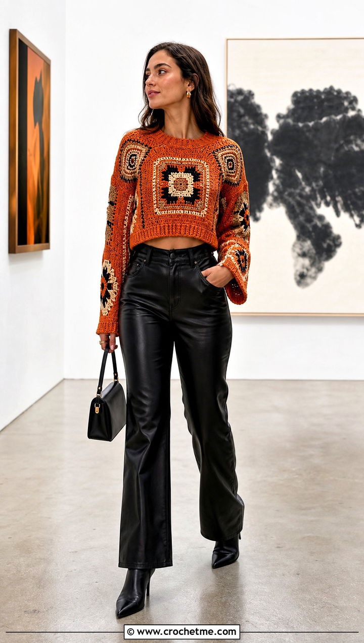 Tapestry Cropped Crochet Pullover With Leather Pants - 15 Cropped Crochet Pullover outfit ideas