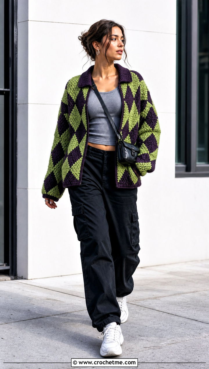 Tapestry Diamond Howls Crochet Jacket With Cargo Pants - 25 Howls Crochet Jacket outfit ideas