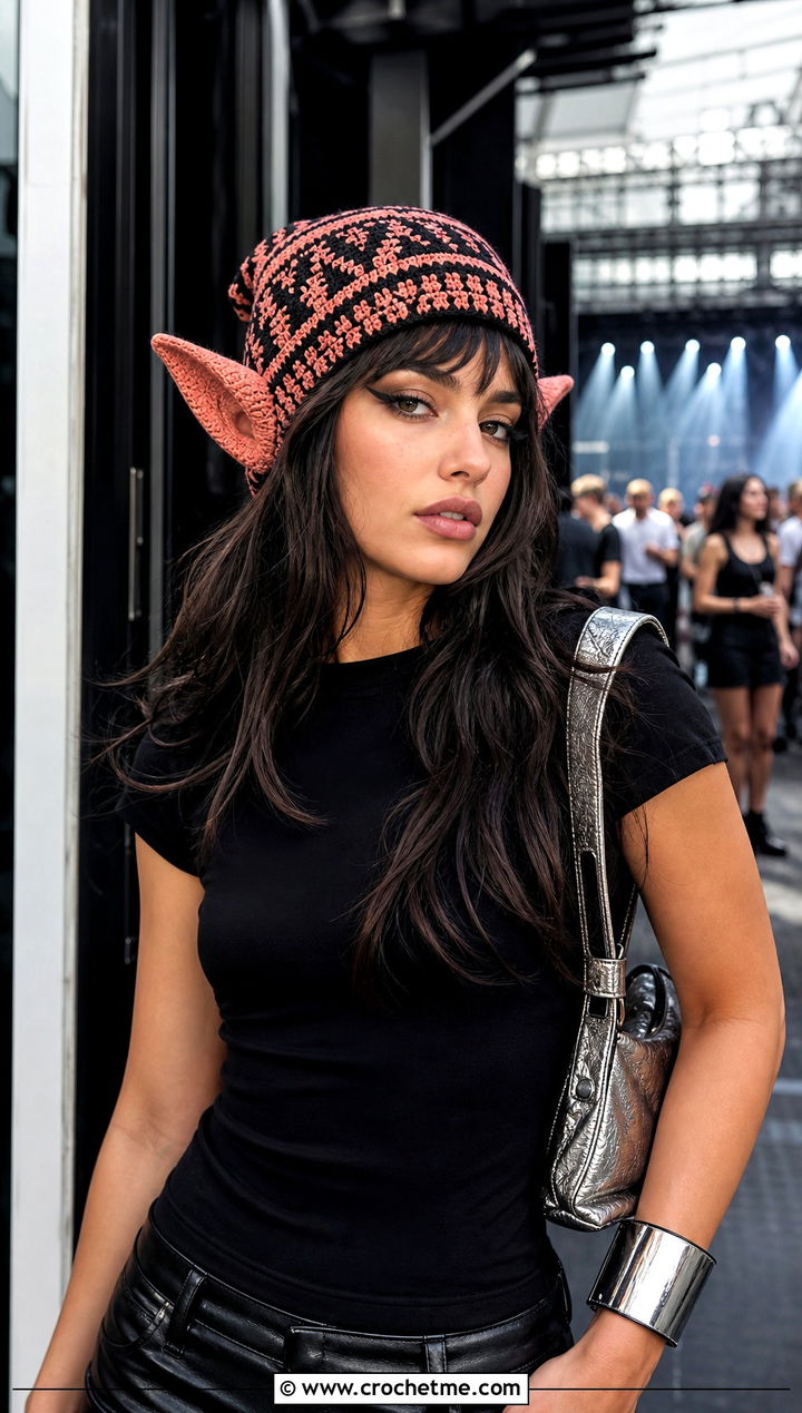 Tapestry Dobby Crochet Hat With Black Tee And Leather Pants - 25 dobby crochet hat outfit ideas