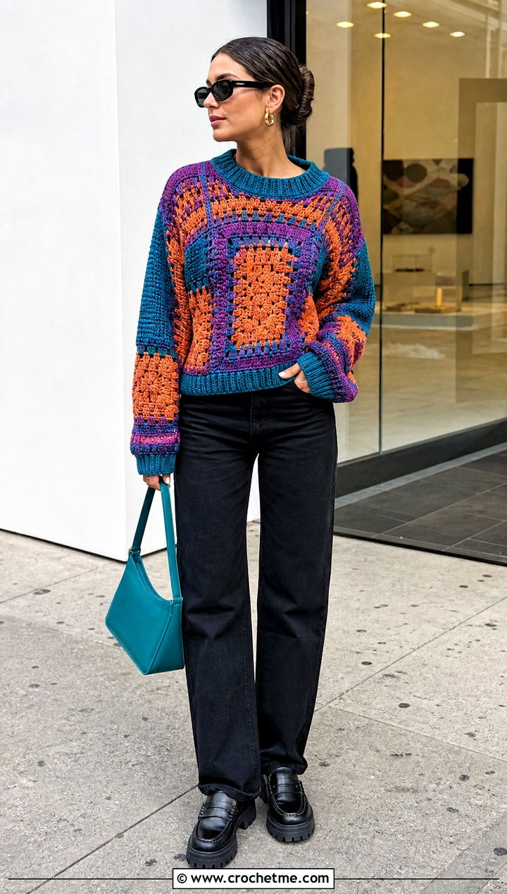 Tapestry Fisherman Crochet Sweater With Black Jeans - 25 Fisherman Crochet Sweater outfit ideas