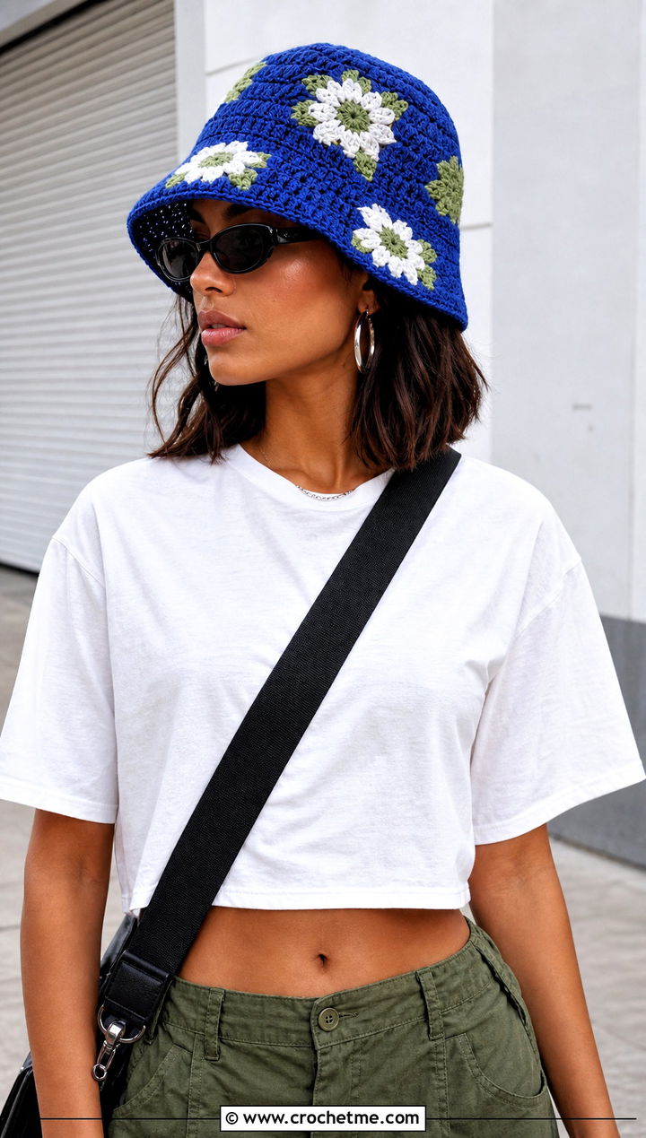 Tapestry Floral Crochet Bucket Hat With Cargo Pants - 15 crochet bucket hat with floral outfit ideas