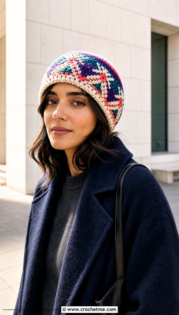 Tapestry Knit Look Crochet Hat With Minimalist Outfit - 20 Crochet Knit Look Hat outfit ideas