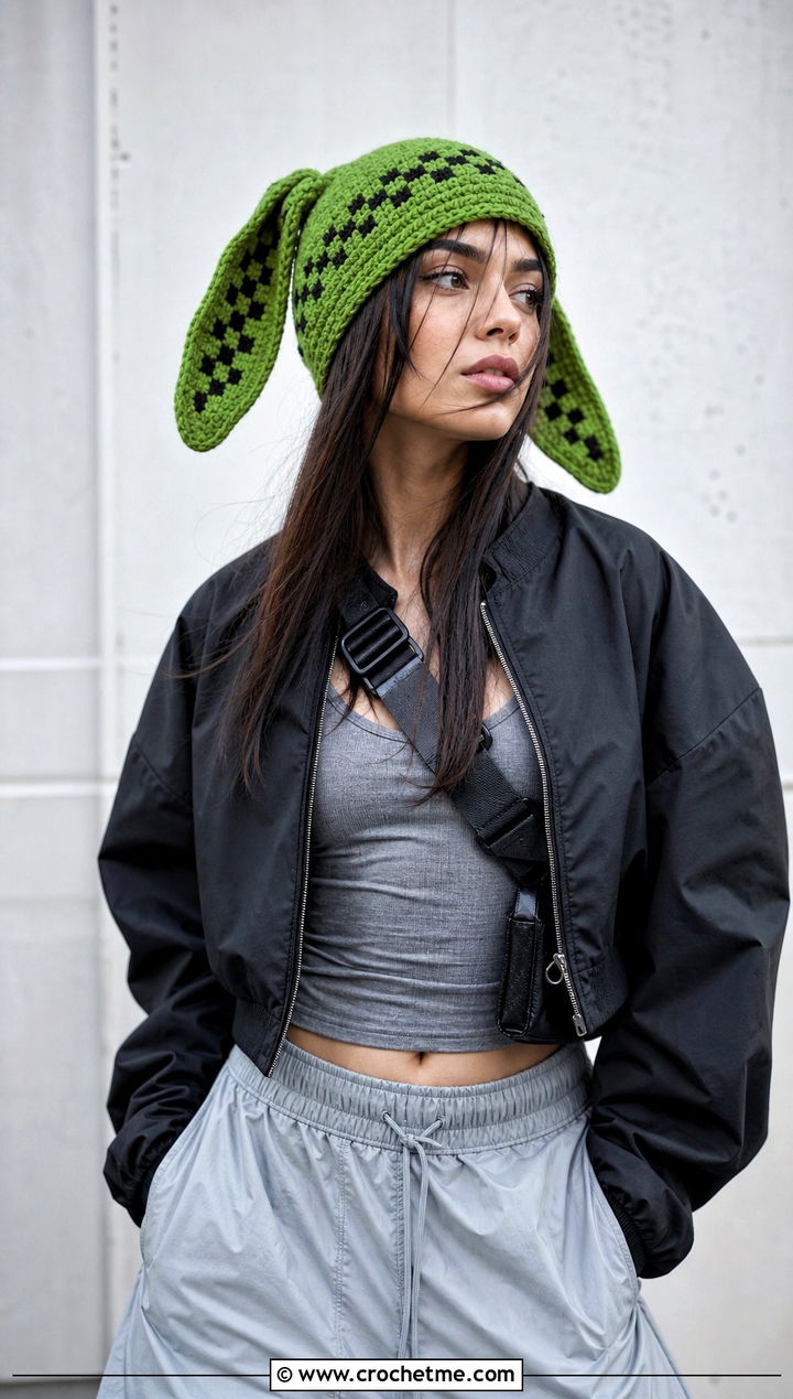 Tapestry Louise Crochet Bunny Ear Hat With Bomber Jacket And Parachute Pants - 25 Louise Crochet Hat outfit ideas