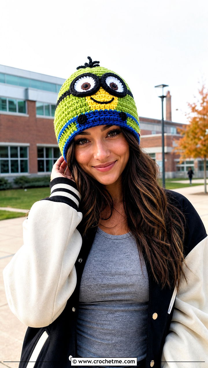 Tapestry Minion Crochet Beanie With Varsity Jacket - 25 minion crochet beanie outfit ideas