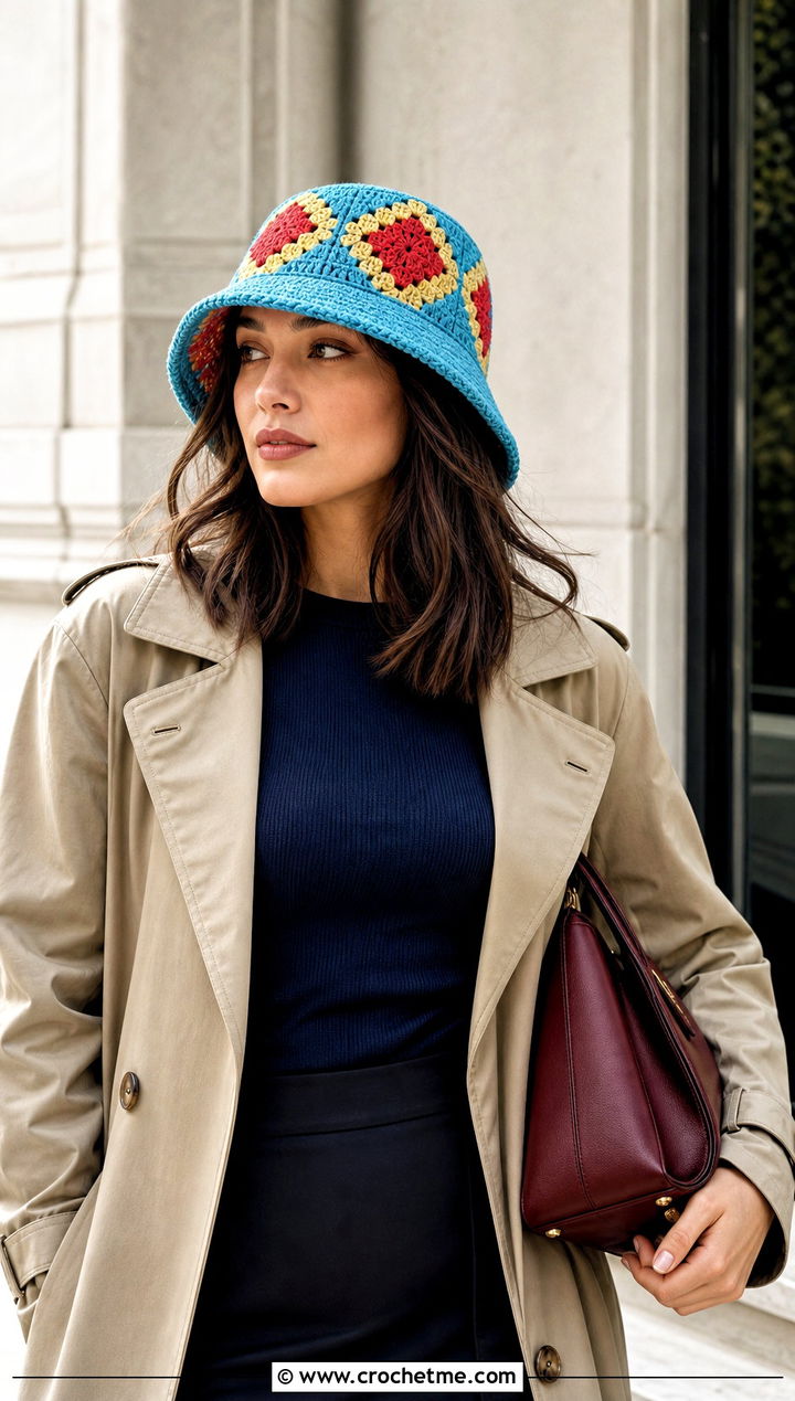 Tapestry Motif Scrap Happy Crochet Bucket Hat With Trench Coat And Column Skirt - 15 Scrap Happy Crochet Bucket Hat outfit ideas