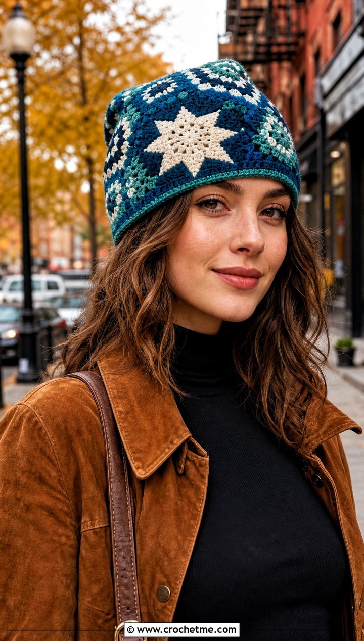 Tapestry Motif Square Beanie With Suede Jacket - 25 square crochet beanie outfit ideas