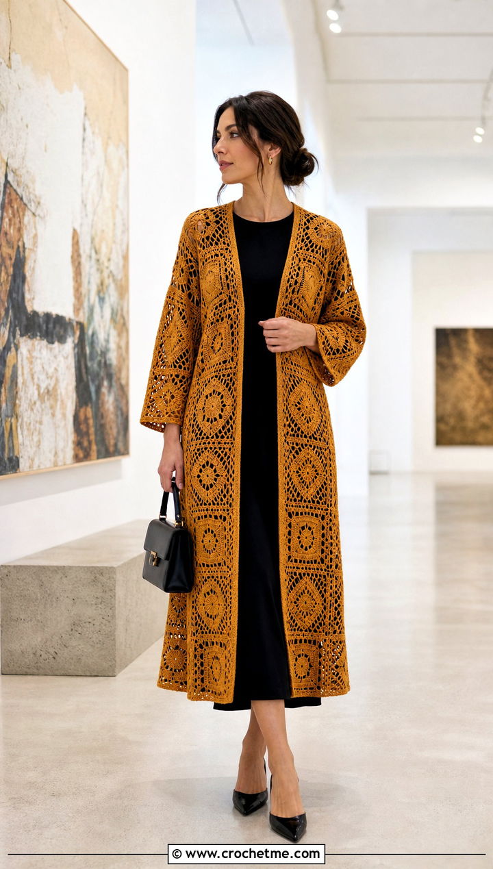 Tapestry One Piece Crochet Cardigan With Black Midi Dress - 35 one piece crochet cardigan outfit ideas