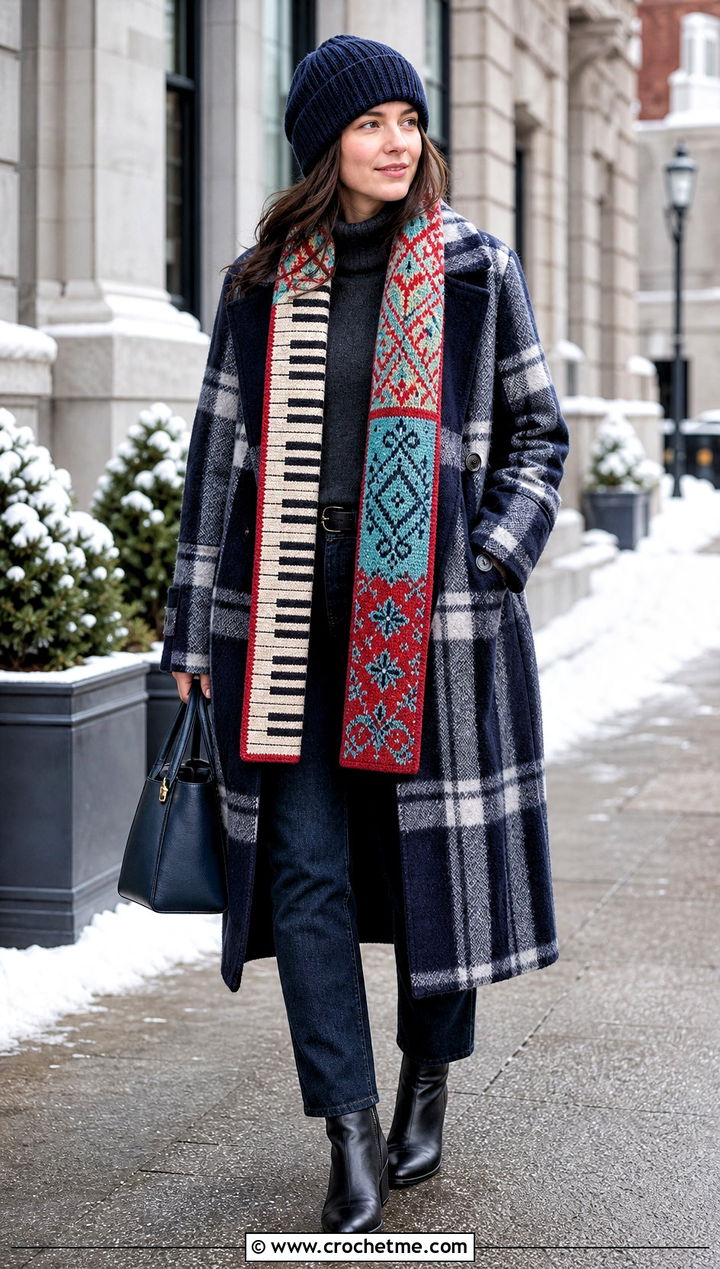 Tapestry Piano Scarf With Plaid Coat - 35 crochet piano scarf outfit ideas