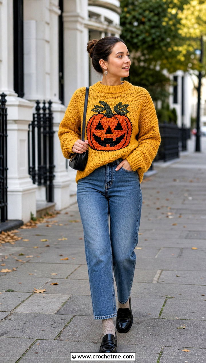 Tapestry Pumpkin Halloween Crochet Jumper With Straight Leg Jeans - 15 Halloween Crochet Jumper outfit ideas
