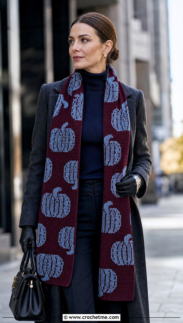Tapestry Pumpkin Scarf With Long Wool Coat - 15 crochet pumpkin scarf outfit ideas