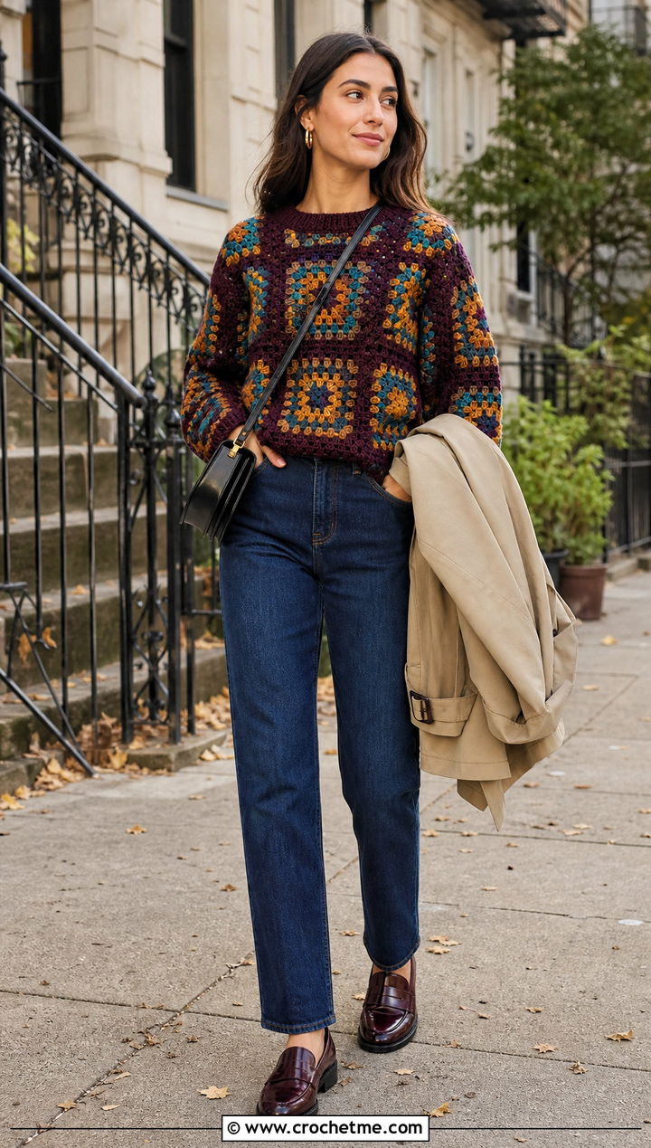 Tapestry Round Neck Crochet Sweater With Straight Leg Jeans - 15 crochet round sweater outfit ideas