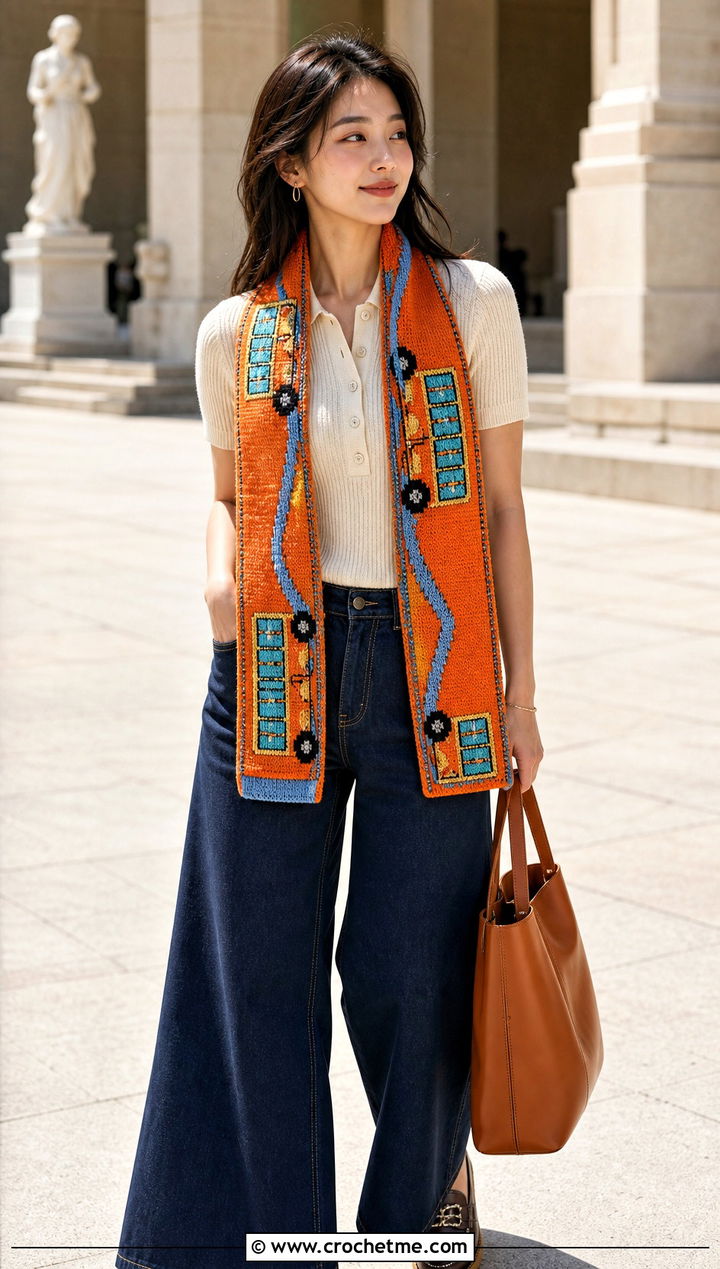 Tapestry School Bus Scarf With Knit Polo And Wide Leg Jeans - 25 Crochet School Bus Scarf outfit ideas