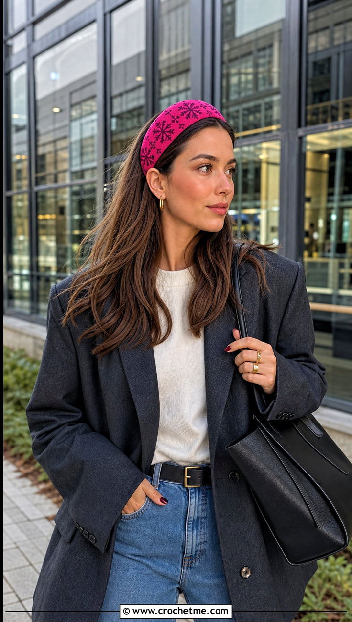 Tapestry Snowflake Headband With Blazer And Jeans - 20 Crochet Snowflake Headband outfit ideas