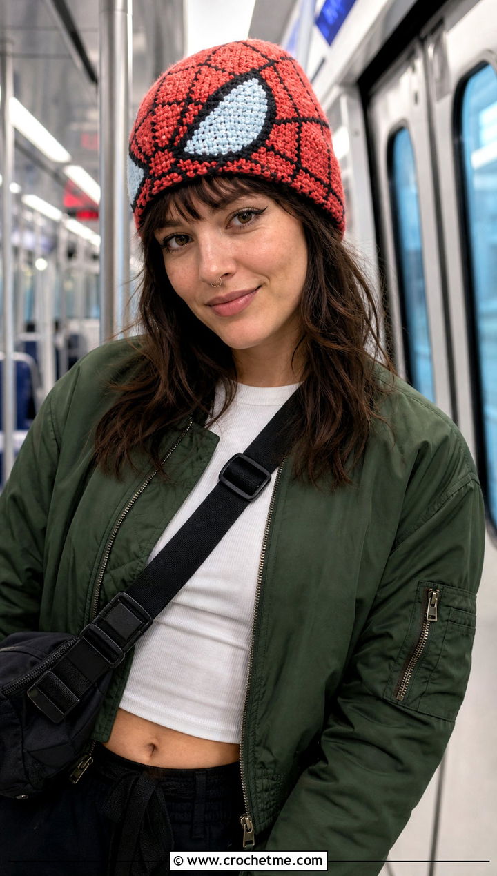 Tapestry Spider Gwen Crochet Beanie With Bomber Jacket - 20 Spider Gwen Crochet Beanie outfit ideas