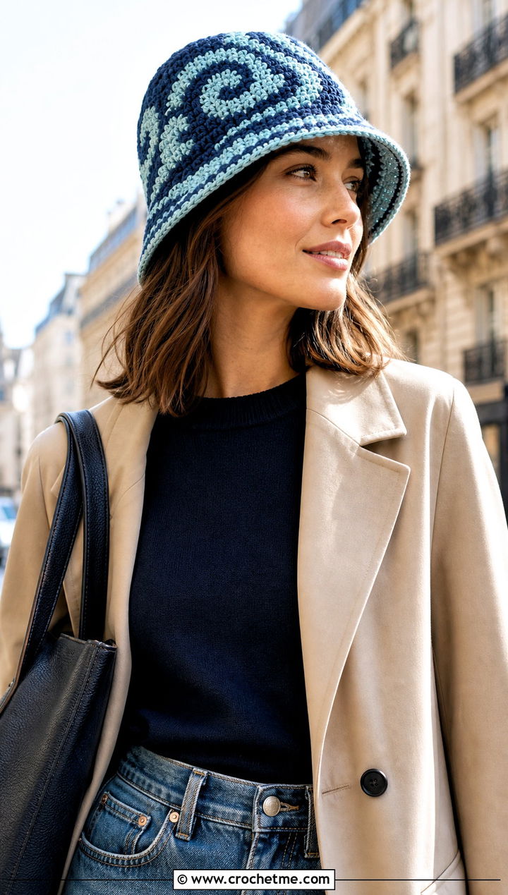 Tapestry Swirl Double Crochet Bucket Hat With Trench Coat And Denim - 25 Double Crochet Bucket Hat outfit ideas