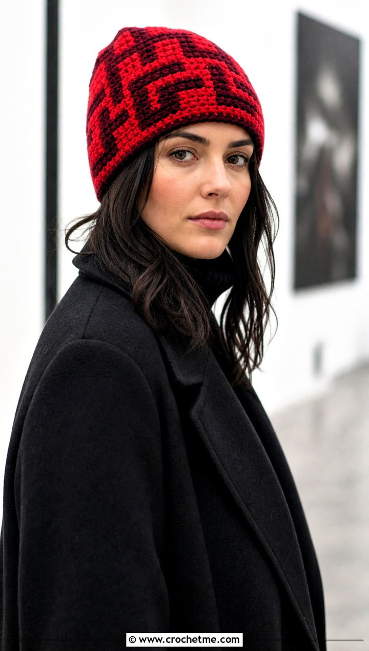 Tapestry Two Color Crochet Beanie With Long Black Coat - 30 2 color crochet beanie hat outfit ideas