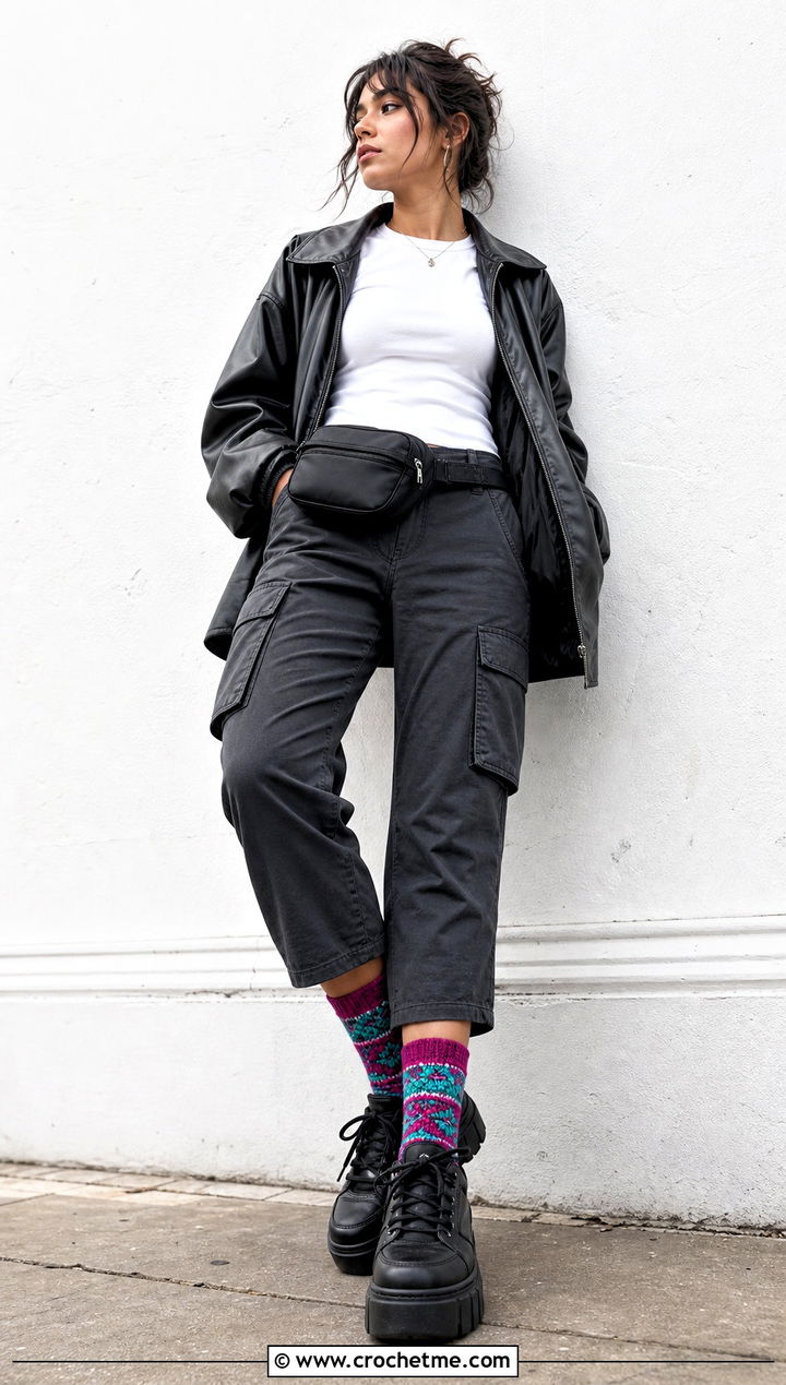 Tapestry Wool Crochet Socks With Cargo Pants - 20 Wool Crochet Sock outfit ideas