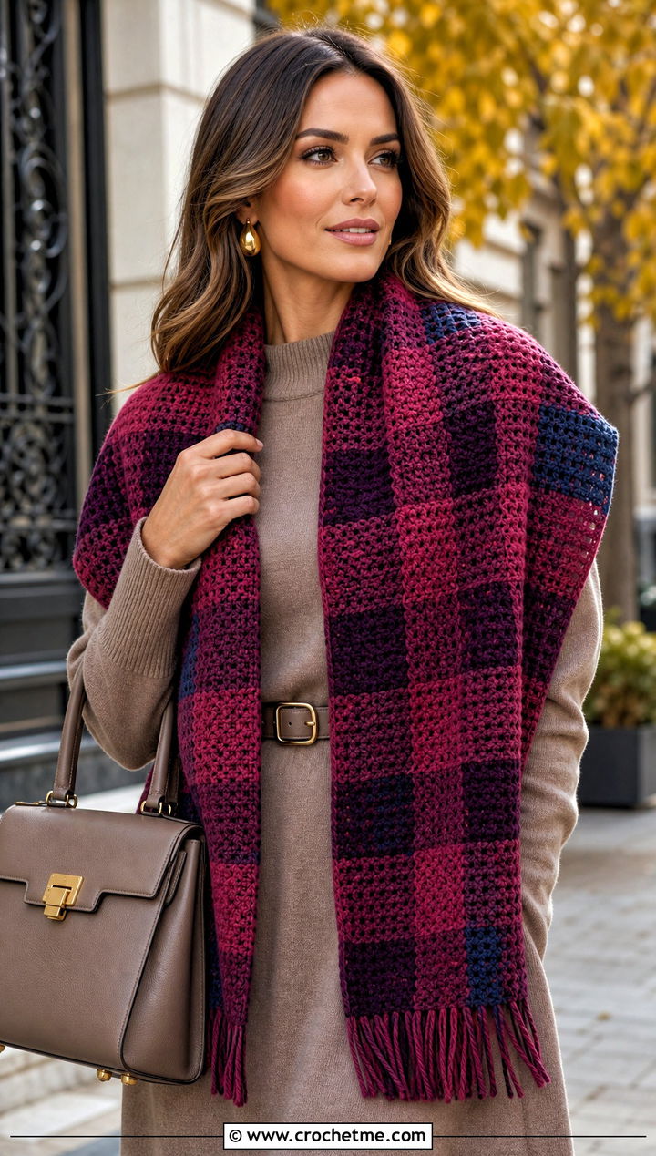 Tartan Checkered Crochet Scarf With Sweater Dress and Knee High Boots - 20 Checkered Crochet Scarf outfit ideas