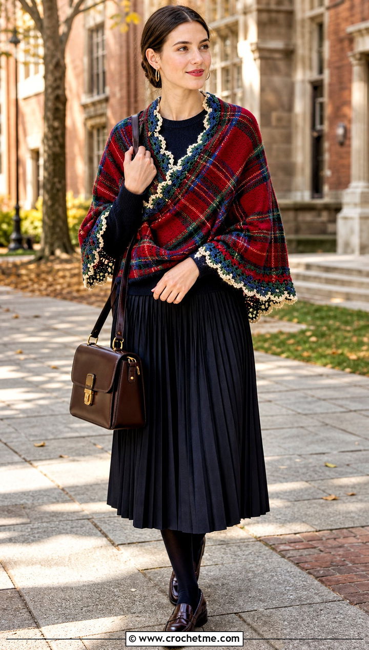 Tartan Color Highlander Shawl With Pleated Skirt - 20 Crochet Highlander Shawl outfit ideas