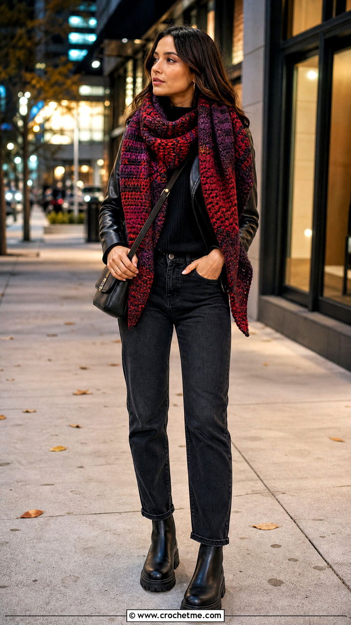 Tartan Crochet Blanket Scarf With Leather Jacket - 35 crochet blanket scarf outfit ideas
