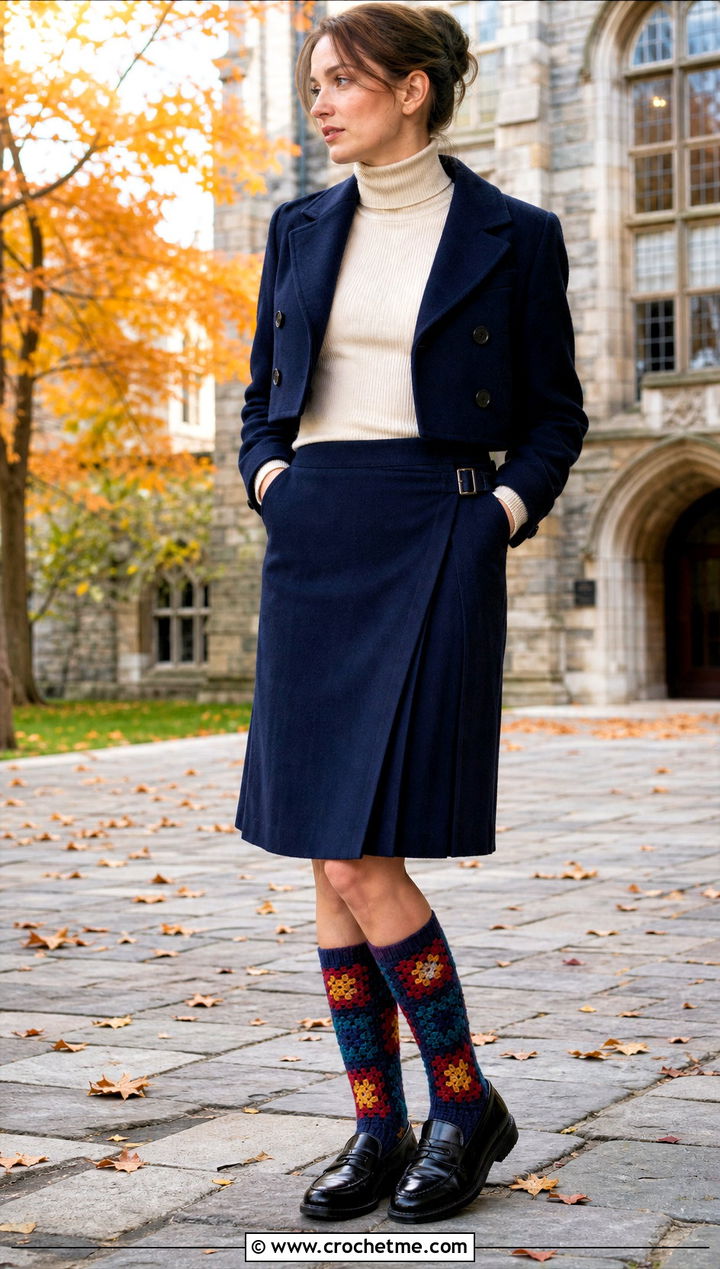 Tartan Granny Square Socks With A Kilt Skirt And Loafers - 35 crochet granny square socks outfit ideas