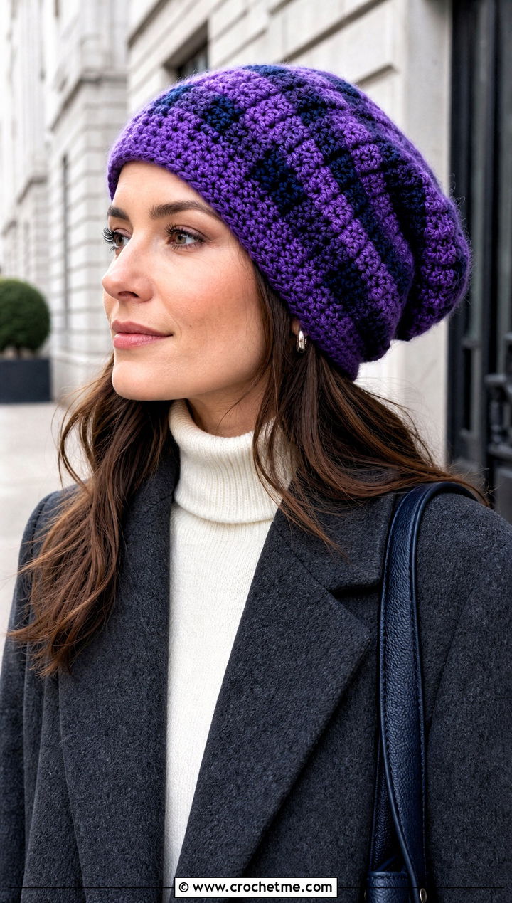 Tartan Slouchy Crochet Beanie With Wool Coat - 15 Plaid Crochet Beanie outfit ideas