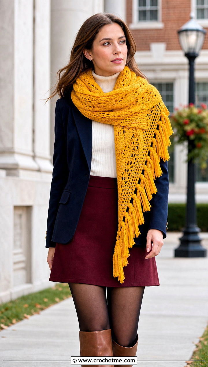 Tassel Asymmetrical Crochet Shawl With Blazer And Mini Skirt - 30 asymmetrical crochet shawl outfit ideas