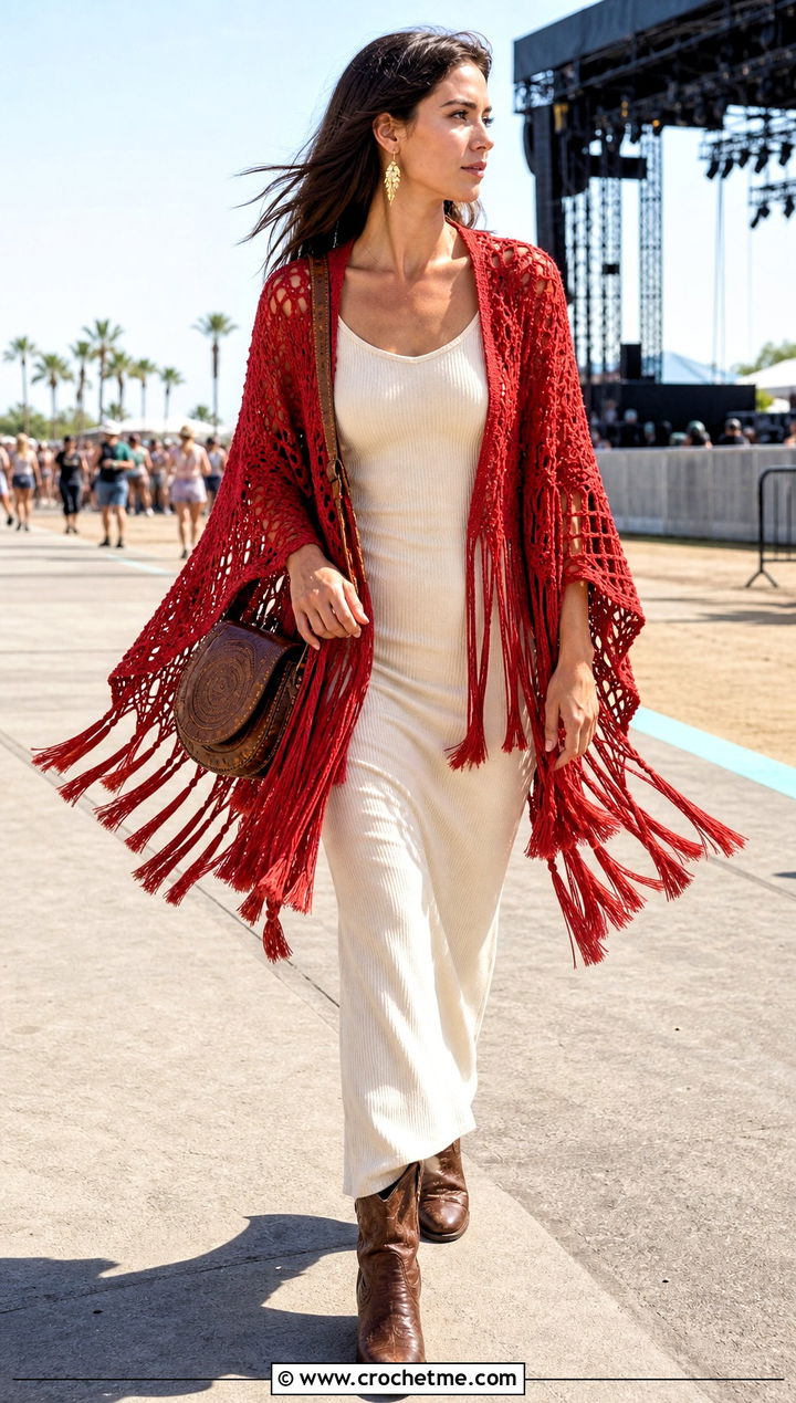 Tassel Bat Wing Crochet Shawl With Maxi Dress - 25 bat wing crochet shawl outfit ideas