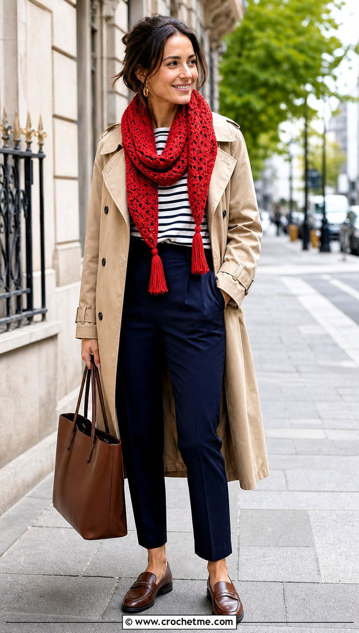 Tassel Bonfire Scarf With Trench Coat - 20 Crochet Bonfire Scarf outfit ideas