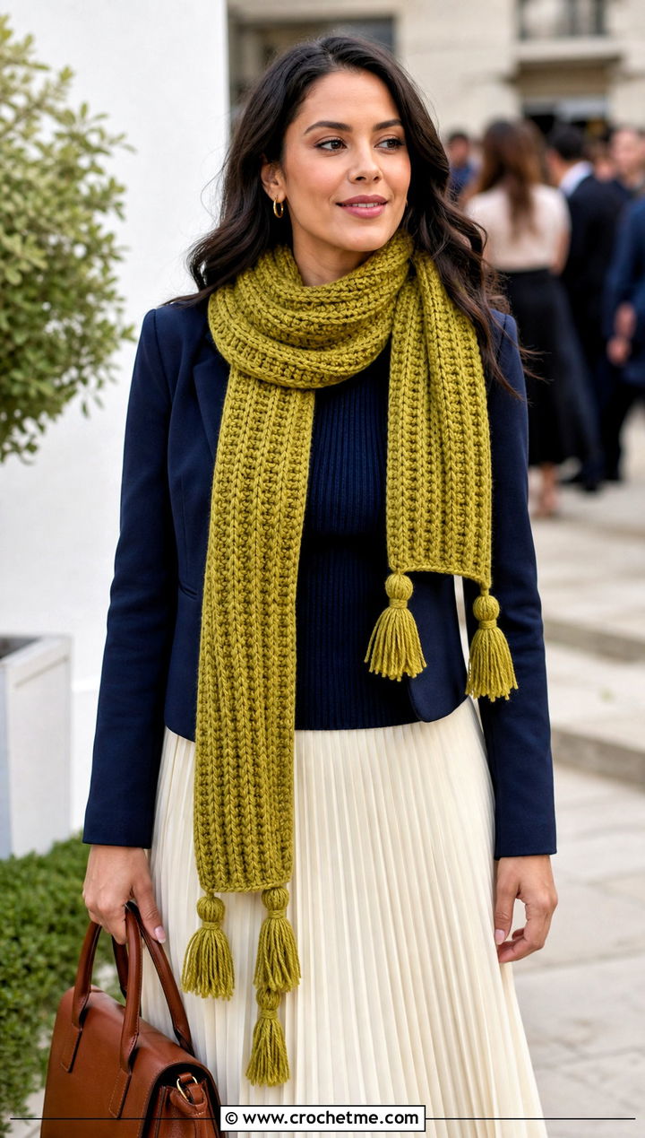Tassel Brioche Crochet Scarf With Midi Skirt - 25 Brioche Crochet Scarf outfit ideas