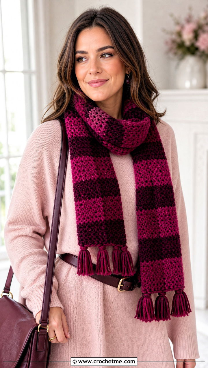 Tassel Buffalo Plaid Crochet Scarf With Sweater Dress - 15 buffalo plaid crochet scarf outfit ideas