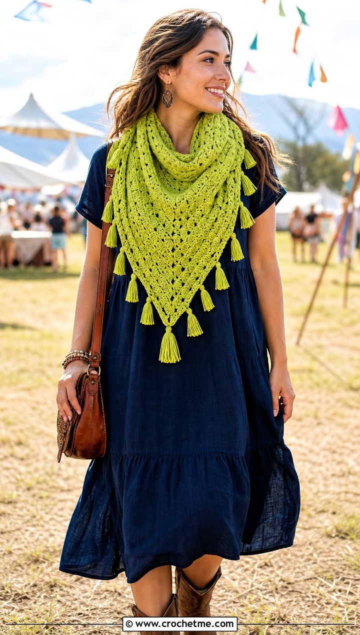 Tassel C C Triangle Scarf With Maxi Dress And Western Boots - 35 c2c crochet scarf outfit ideas