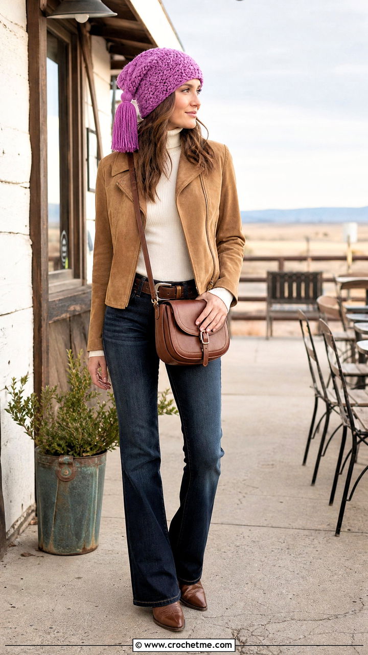 Tassel Chunky Crochet Beanie With Suede Jacket And Bootcut Jeans - 35 chunky crochet beanie outfit ideas